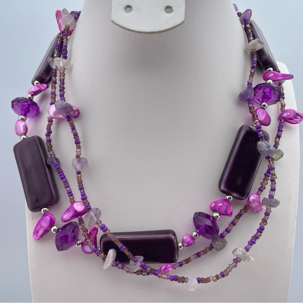 Multi-Strand Purple Ceramic Beaded Statement Necklace w/ Shell & Gemstone Chips